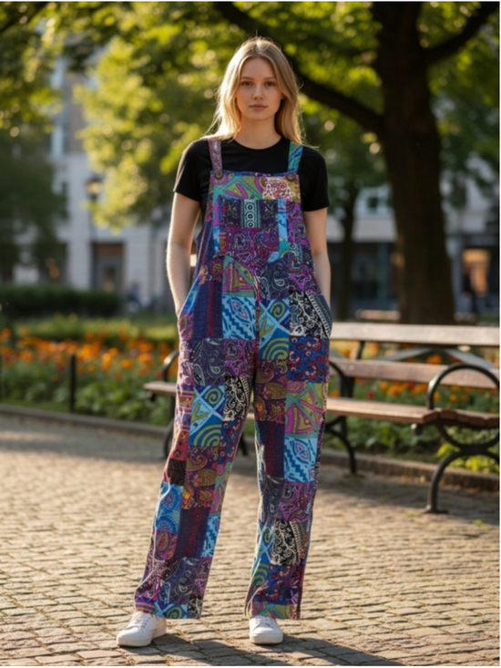 Pants - Colorful Patchwork Overalls Vibrant Blue Purple Boho Festival Hippie Size S